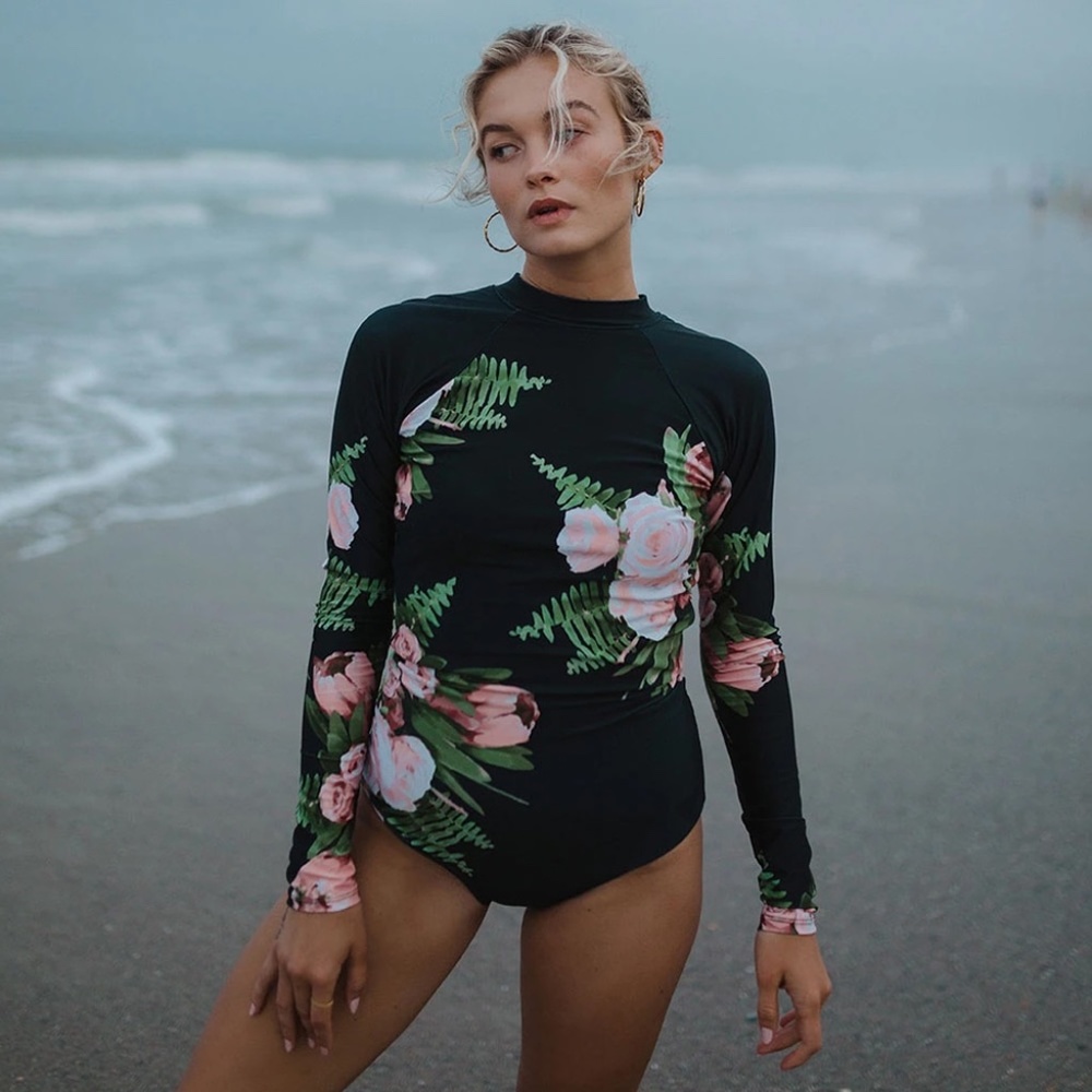 Albion Black Long-Sleeve Floral One-Piece Swimsuit - Picture 3 of 5